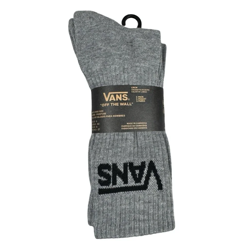 Vans Mens Size 6.5-9 Crew Socks 3-Pack Classic Casual Athletic Gray Grey New